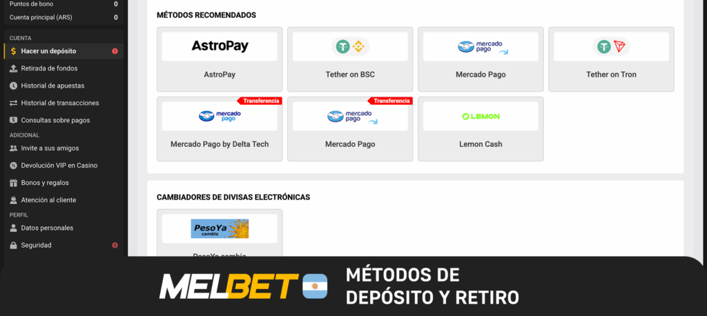 Melbet Argentina métodos de depósito y retiro